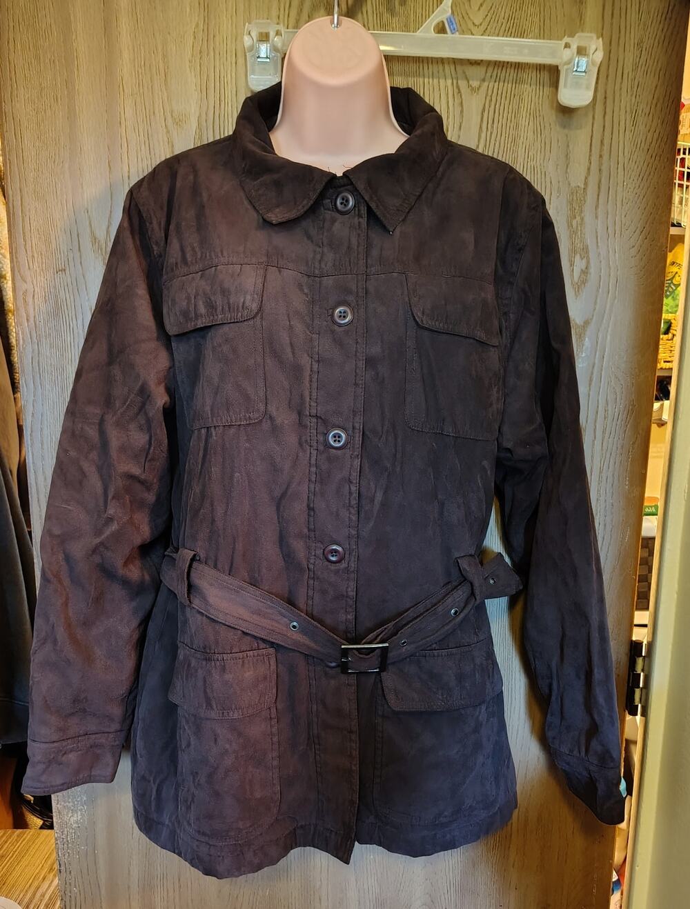 Cabela's Womens lightweight fall Jacket Coat L Brown Lined Belted Pockets Button